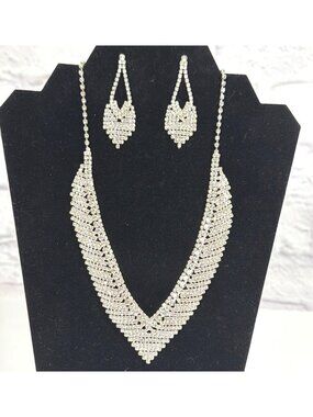 Clear Rhinestone Bridal Wedding Jewelry Set Statement Necklace Drop Earrings Lot